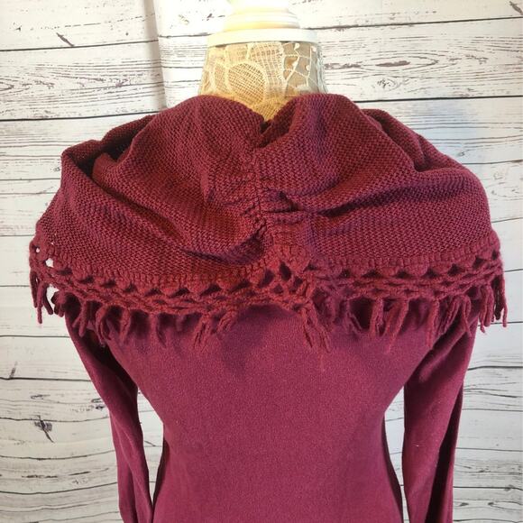 Anthropologie Angel of the north tassel Cowl neck sweater burgundy size small - Picture 7 of 11